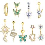 MILACOLATO Pack of 10 14G Belly Button Piercings Surgical Steel Long Pendant Dangly Cubic Zirconia Moonstone Snake Butterfly Belly Button Rings Piercing Jewellery Set Gold