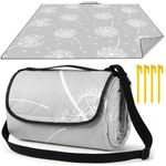 Aptliton Picnic Blanket, 200 x 200 cm, Large Waterproof Picnic Mat with 4 Stakes Carry Strap for Camping, Park, Garden, Beach, Outdoor, Machine Washable, Foldable and Portable, Dandelion Grey