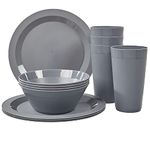 US Acrylic Newport Plastic Plate, Bowl and Tumbler Dinnerware Set for 4 in Grey Stone | 12-Piece Drinking and Dining Set | Reusable, BPA-Free, Made in The USA, Top-Rack Dishwasher Safe