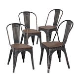 H JINHUI Dining Chairs set of 4, Black Retro Bistro Bar Chairs with Wooden Seat, Industrial Vintage Distressed Metal Stackable Kitchen Chairs, Restaurant Dining Room Chairs