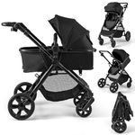 COSTWAY 2 in 1 Baby Pushchair, Foldable Travel System Pram with Reversible Seat, Adjustable Canopy & Handle, Storage Basket, Cup Holder, Lightweight Infant Stroller for 0-36 Months (Black)