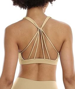 icyzone Womens Sports Bra Strappy Comfy Athletic Yoga Workout Bra with Removable Padded, Khaki, M