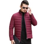 YOONIKK Men's Puffer Jacket, Quilted, Lightweight, Insulated, Zip-Up | Winter Bomber Jacket with Band Collar (IN, Alpha, 2XL, Regular, Maroon)