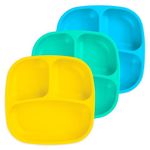 Re-Play Made in USA 3pk Divided Plates with Deep Sides for Easy Baby, Toddler, Child Feeding - Yellow, Aqua, Sky Blue (Surf)