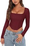 REORIA Womens Sexy Casual Square Neck Long Sleeve Backless Shirts Y2K Trendy Going Out Party Club Night Boned Bustier Corset Crop Tops Burgundy Medium-