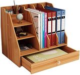 Marrone Desktop Organiser Wooden DIY Desk Tidy Stationary Storage Cabinet with 2 A4 File Holder Sections, 5 Compartments and 1 Drawer for Home, Office and School