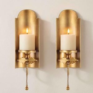 Wall Sconce Candle Holder Set of 2 Antique Metal Wall Candle Sconces | Antique metal wall sconces for candles, no assembly needed, 12 inch tall with leaf decor and hanging chain