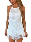 Sexy Backless Fringe Dress Jumpsuit - Womens Club Boho Tassel Tiered Halter Playsuit Festival Bodysuit Romper, White, X-Large