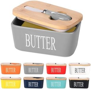 Lxmons Ceramic Butter Dish with Wooden Lid, Large Butter Container Keeper Storage with Stainless Steel Butter Knife Spreader, Bamboo Cover and Silicone Sealing Ring for West East Coast Butter, Grey