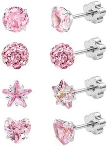 BTIPFNS 4 Pairs Hypoallergenic Flat Back Earings for Women Sensitive Ears 316L Stainless Steel Screw Back Earring Cute CZ Ball Star Heart FlatBack Stud Sets