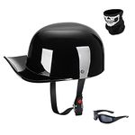 Woljay Vintage Open Face Motorcycle Helmet Retro Baseball Cap Half Helmets Men Women for Cruiser Street Scooter Moped Cap Jet with Mask Glasses - DOT Certified (Medium, Gloss Black)