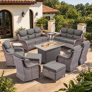 Opohoro Luxury 6" Thick Cushion 11 Pieces Wicker Patio Furniture Set with 41”Fire Table, Outdoor Conversation Set with Swivel Rocker Chairs Set of 4 and Patio Couch for Deck Porch Yard and Poolside
