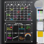 Tixlux Acrylic Magnetic Monthly and Weekly Calendar for Fridge, 2 Set 16"x12" Magnetic Clear Dry Erase Calendar Planning Board, with 4 Color Marker, 12 Silicone Cover, Magnetic Pen Holder & Eraser