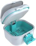 ARGOMAX Leak Proof Denture Bath Cup, Portable Soaking Denture Box, Denture Bath Case with Strainer, for Dentures and Braces, Upgraded Version with Storage Compartment (White + Cyan).