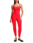 Unthewe Women's Casual Sleeveless Square Neck Bodycon Jumpsuit Adjustable Spaghetti Straps One Piece Jumpsuits Leggings, Salsa Red, Small