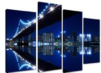 Art_Depot_Outlet PICTURE - Multi Split Panel Canvas Artwork Art - Manhattan Bridge Night New York City Skyline Blue Glow Reflections River 4 Panel - 101cm x 71cm (40"x28")