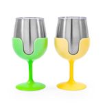 Camco 51916 Yellow and Green Stainless Steel Tumbler Set with Removable Bright Yellow and Lime Green Wine Glass Stems-Leak Proof Lid, 8 oz