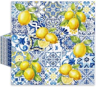 JarThenaAMCS 80Pcs Tiles Lemons Paper Napkins Blue Yellow Disposable Napkins Decorative Dinner Napkins Luncheon Napkins for Party Supplies Table Decor