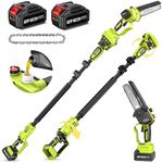 Supstable 2-IN-1 Cordless Pole Saw & Mini Chainsaw w/ Brushless Motor, 2*4.0Ah Battery Powered 6" Electric Telescoping Pole chainsaw 15 Ft Max Reach, Adjustable Head Pole Saw for Tree Trimming Pruning