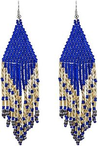 Boho Long Tassel Big Beaded Dangle Earrings, Native Handmade Large Chandelier Fringe Bohemian Statement Jewelry for Women Teen Girls, Seed Bead, No Gemstone,