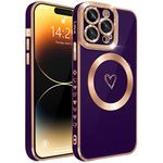 ECZOIL Compatible with iPhone 14 Pro Max Case MagSafe,Full Camera Lens Protection Luxury Electroplated Cute Heart Magnetic Case for iPhone 14 Pro Max for Women Girls-Deep Purple