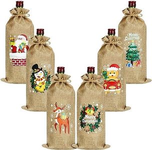 BELLE VOUS Lot de 6 Sac Bouteille Noel en Toile de Jute - Emballage Cadeau Bouteille Vin avec Cordon en Corde - Pochette Cadeau Bouteille Réutilisables avec Motif Noël - Rangement, Voyage ou Fêtes