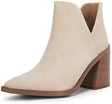 Kathemoi Womens Slip on Ankle Boots V Cutout Pointed Toe Chunky Stacked Mid Heel Booties, Apricot Nubuck, Size 6.5