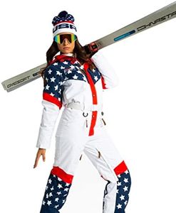 Womens Retro Ski Suit | Insulated Waterproof Snowboarding Gear (Large) White Retro Flag