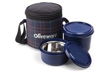 SOPL-OLIVEWARE Cleo Lunch Box, Microwave Safe & Leak Proof, 2 Inside Steel Containers with BPA Free Airtight Lids (450ml & 600ml), with Fabric Bag (Blue)