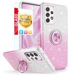 TJS Compatible with Samsung Galaxy A53 5G Case, with Tempered Glass Screen Protector, Metal Ring Magnetic Support Kickstand Tone Shinny Glitter Girls Women Protector Phone Case (Pink)