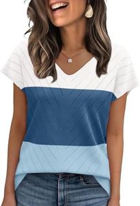 WIHOLL Womens Summer Tops Trendy Casual Cap Short Sleeve Sweater Fall School Outfits for Teachers 2026 Casual V Neck T Shirts Soft Cute Spring Tops Tshirts Shirts for Women Color Block Blue L
