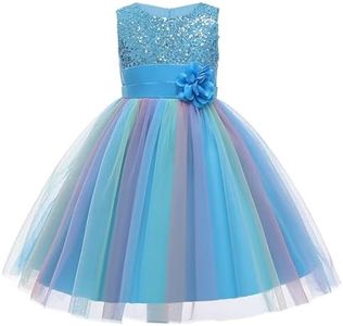 Ragazze Principessa Abito Paillettes Tulle Fiore Arcobaleno Colletto Rotondo Senza Maniche Abito Formale Festa di Compleanno Matrimonio Damigella d'Onore Ragazza Abiti da Sera per 3-9 Anni(Blu)