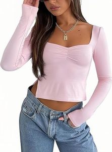 Rongseng Camiseta de Manga Larga para Mujer Crop Tops Sexy Cuello Cuadrado Slim Fit T-Shirt Y2K Básico Top Elegantes Jersey Pullover Suave Blusa Elasticidad Color Sólido Camisa Moda Casual Streetwear