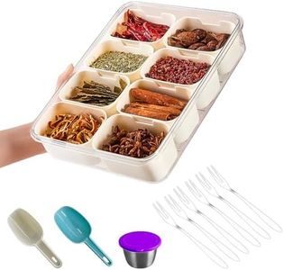 Snack Box with 8 Compartment Container with 6 Forks, Dividing Serving Tray with Airtight Lid and Handle also buckle lock Snack container with Free,(1 Salad Bowl and 2 Spoons, Large Snack Tray with Lid