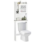 COSTWAY Over Toilet Cabinet, Freestanding Washing Machine Rack with Open Shelves and Door, Bathroom Space Saver Laundry Tall Storage Cupboard Organiser Unit (Tempered Glass Door)