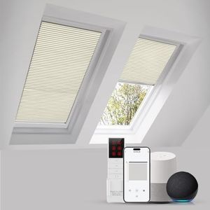 ZSTARR Motorized Skylight Shades Cellular Honeycomb Electric Blinds with Solar Panel Cordless Rechargeable Shades with Remote Light Filtering for Roof Inclined Plane Room Custom Size(Light Khaki)