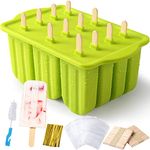 Ice Lolly Moulds,12 Pieces Silicone Ice Lolly Tray & Ice Cream Moulds,Large Popsicle Mold Set,Reusable Ice Pop Moulds BPA Free Ice Lolly Maker with Wooden 100PCS Popsicle Sticks,50 Popsicle Bags