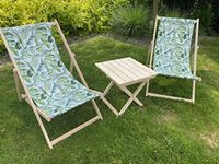 Merino Wool PATTERN SET 2x LOUNGER + TABLE Modern Sun Loungers Padded Wooden Garden Sea Chair PATIO SEASIDE Folding Hardwood Beach (LIGHT LEAVES)