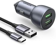 UGREEN USB Car Charger 36W - 12V USB Charger Multi Ports Fast Car Charger Adapter Compatible with iPhone 16/15/14/13/12/11/SE/XR, Galaxy S24/S23/S22/S21/S20, Pixel 8/7/6 (USB A to C Cable Included)