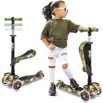 Hurtle ScootKid 3-Wheel Kids Scooter - Child & Toddler Toy Scooter with Built-in LED Wheel Lights, Fold-Out Comfort Seat (Ages 1+) (Camo), Assorted