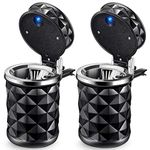 2 Pieces Car Cup Holder with Lid Smell Proof Car Cylinder Portable with Blue LED Light Cylinder Stand Cylinder Cup Holder Mini Car Trash Can for Most Car Cup Holder (Black)