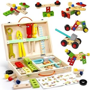 Montessori Construction Toddler Toys for 3 4 5 Year Old Boys Girls Wooden Kids Tools Set Box Pretend Play Stem Building Educational Toys for 3+ Christmas Birthday Gifts for 2 3 4 5 Year Old Boys Girl