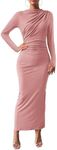 BTFBM Women Bodycon Maxi Dress Long Sleeve Back Slit Ruched Elegant Party Cocktail Formal Fall Wedding Guest Dresses(Solid Pink, Medium)