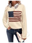 GORGLITTER Women's American Flag Graphic Long Sleeve Sweater Knit Round Neck Pullover Top, Apricot Graphic, Small