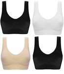 Marielle 4 Pack Double Lined Material Premium Comfort Bra Women Seamless Bralette Sleep Yoga Vest Wire Free (4 Pack Black/White/Nude/Black, 3XL)