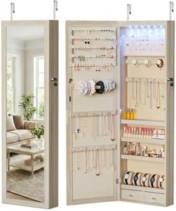 DUMOS Jewelry Armoire Cabinet with Full Length Mirror, 47.2" Tall Wall Mounted or Over the Door Jewelry Organizer with 33 Necklace Hooks, Lockable Large Capacity with Drawers, Khaki