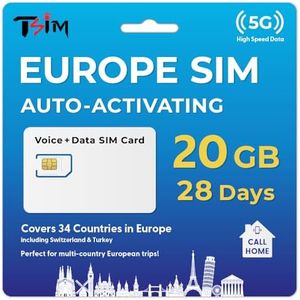 SIM Card for Europe Travel 28Days Holiday with CallHome & Hotspot Tethering. Auto-Activating. 5G Enabled. Roam in 34 Countries incl Switzerland, Turkey