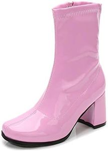 LIURUIJIA Women's Gogo Boots Mid Calf Block Heel Zipper Square Toe Short Booties For Disco Party Cosplay Dance Pink 39(245/US8.5)