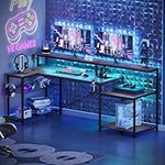 Bestier 71.5" Computer Desk with Power Outlets & LED Light, L Shaped Home Office Desk with Printer Storage Shelves, Gaming Desk with Large Monitor Stand, Cup Holder & Headset Hooks Rustic Brown