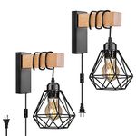 Plug in Wall Sconces Set of Two,Farmhouse Wall Mounted Lights with Plug in Cord,Black Rustic Wall Lamp for Bedroom Bedside Living Room,with Wood Arm and 70.8inch On/Off Switch Cord,2 Pack